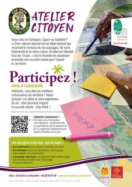 Affiche de l’atelier citoyen Cap 2044 du Parc naturel régional des Pyrénées catalanes – appel à participation des habitants.