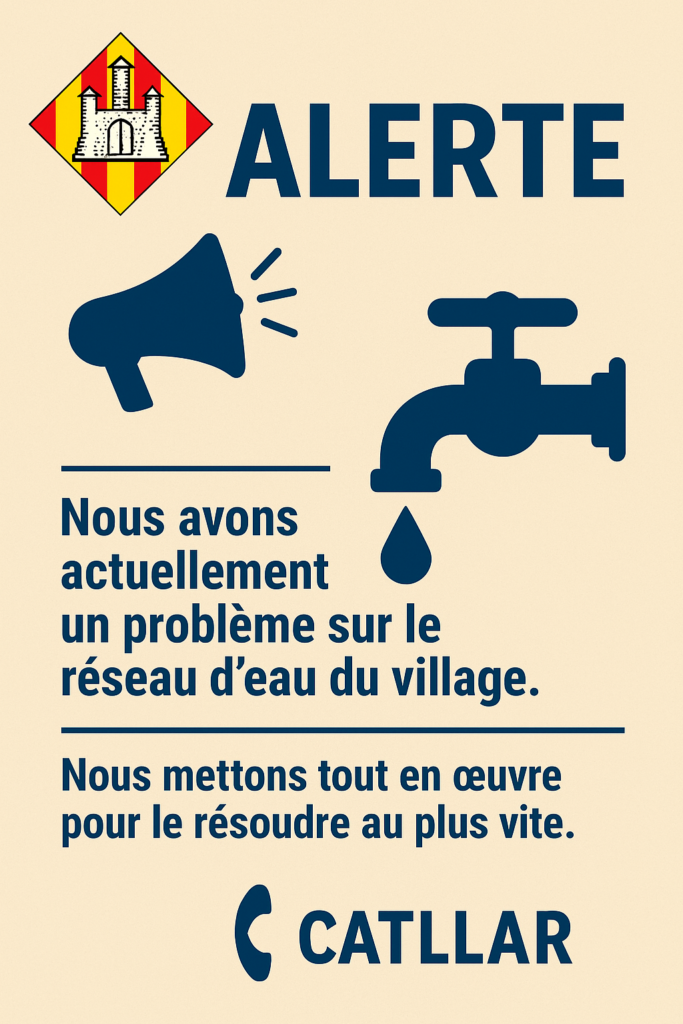 Alerte sur un problème d’eau à Catllar – message d’information avec robinet, mégaphone et blason de la commune.