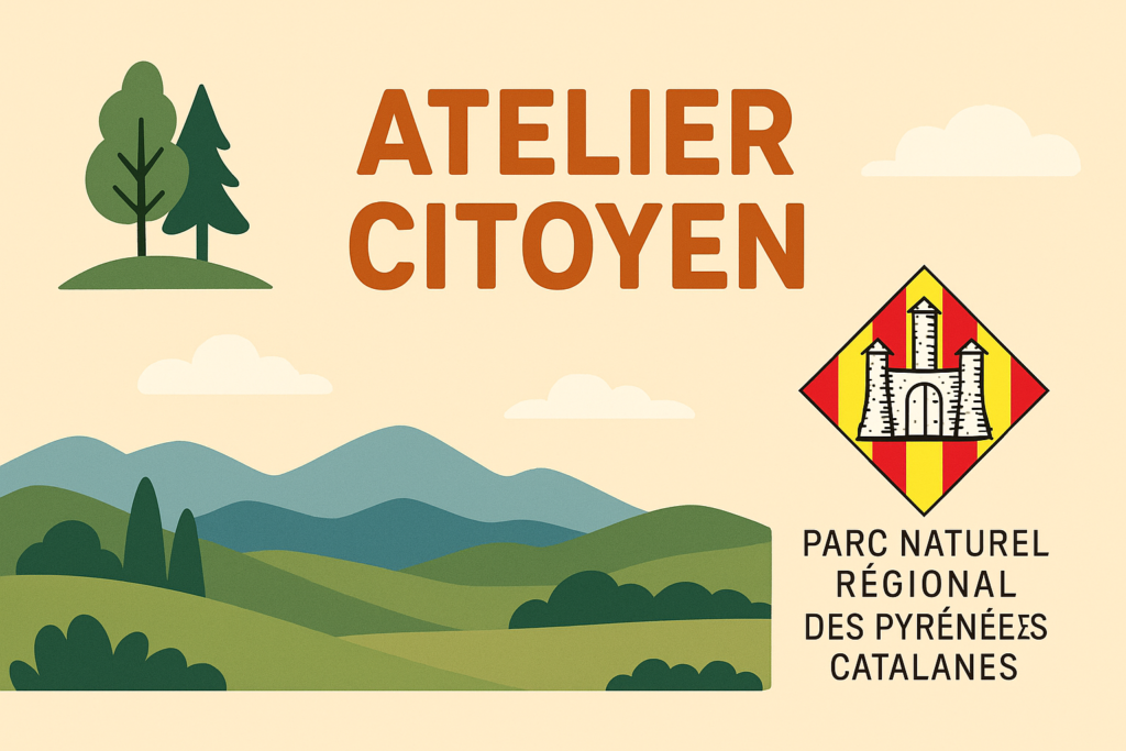 Illustration de l’atelier citoyen du Parc naturel régional des Pyrénées catalanes – montagnes, nature et blason de Catllar.