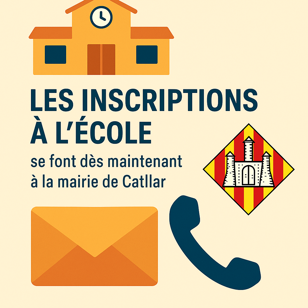 Illustration des inscriptions à l’école à Catllar – icône d’école, blason communal, téléphone et courrier.