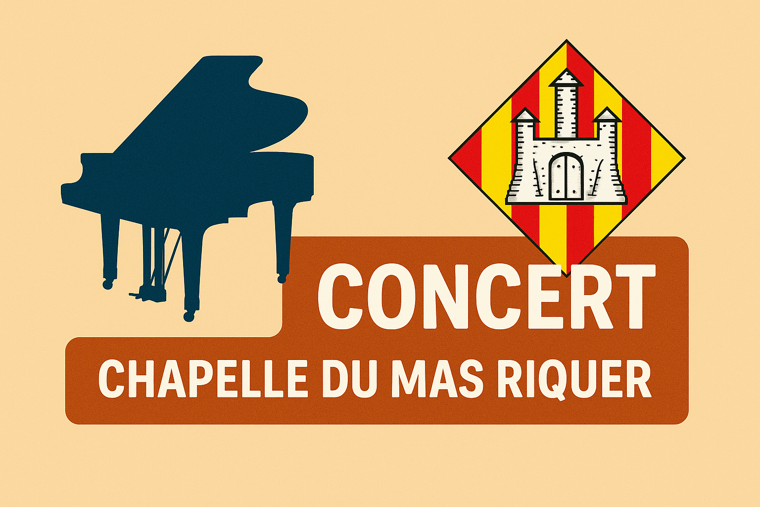 Visuel du concert à la chapelle du Mas Riquer avec piano et blason de Catllar.