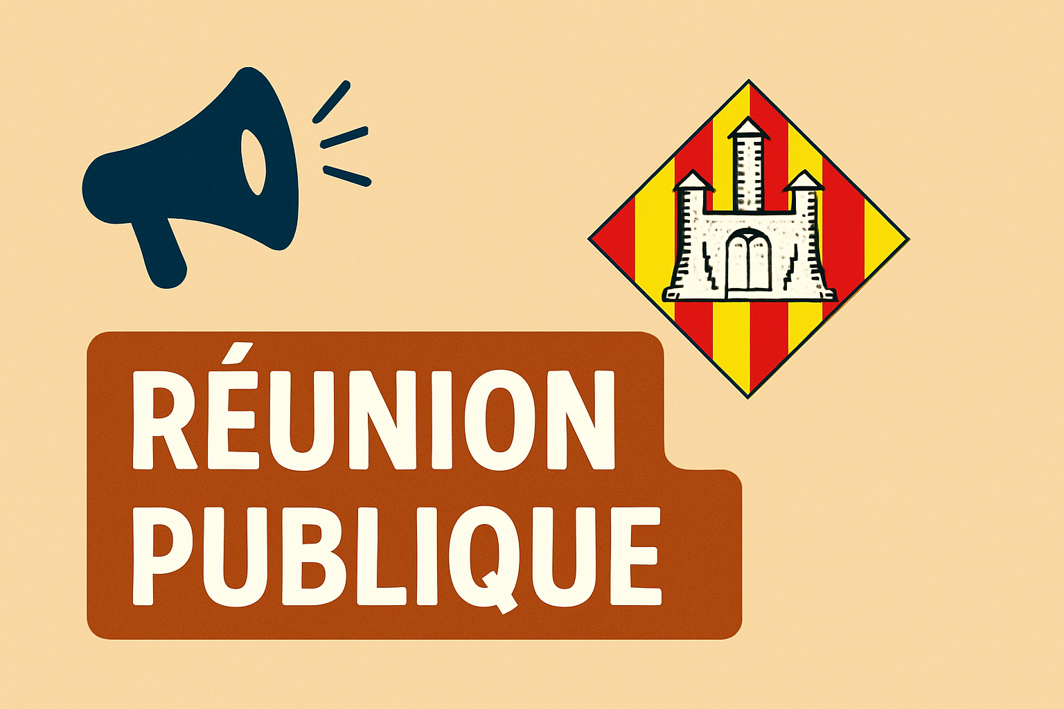 Bandeau "Réunion Publique" avec icône mégaphone et blason de la mairie de Catllar sur fond beige.